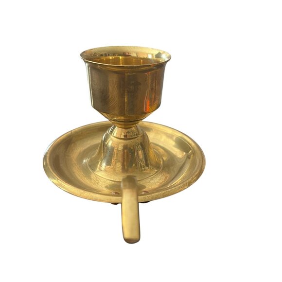 Vintage Solid Brass Chamber Candlestick Holder Tapers Finger Loop Made in India - Picture 4 of 9